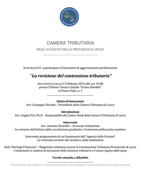 Evento: REVISIONE DEL CONTENZIOSO TRIBUTARIO (5 febbraio 2016)