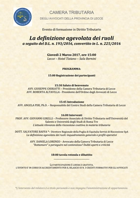 Evento: LA DEFINIZIONE AGEVOLATA DEI RUOLI (2 marzo 2017)